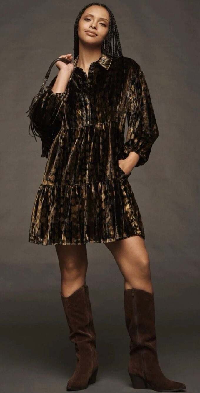 Anthropologie Maeve Bettina Velvet Tiered Mini Shirt Dress
